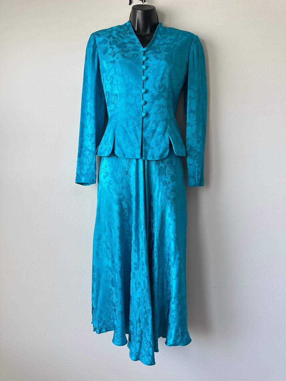 Vintage Adrianna Papell Silk Turquoise Floral Jacquard Silk Skirt Suit Set 4P